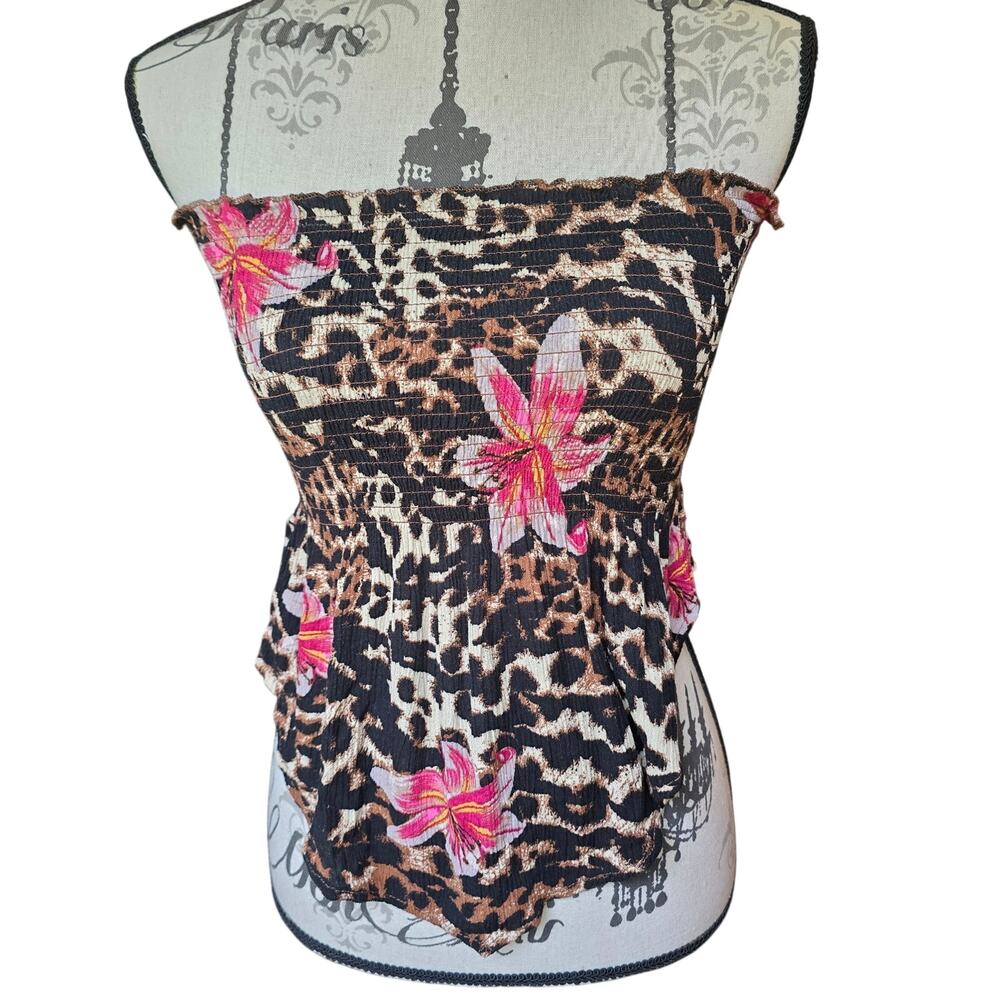 Y2k Mob Wife Cheetah Print Hibiscus Ruched Asymmetrical Tube Top Size M